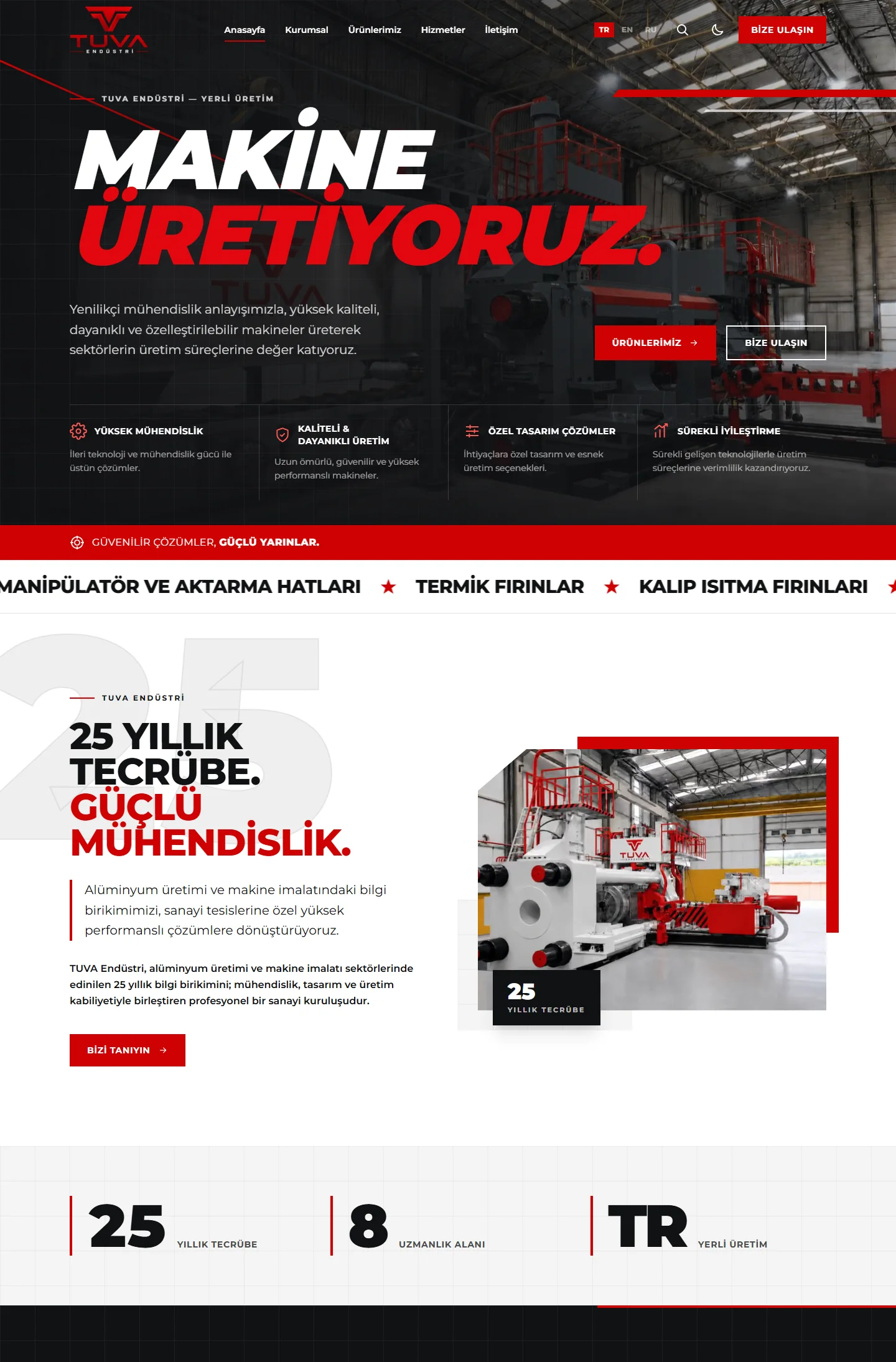 TUVA Endüstri web sitesi, tam sayfa